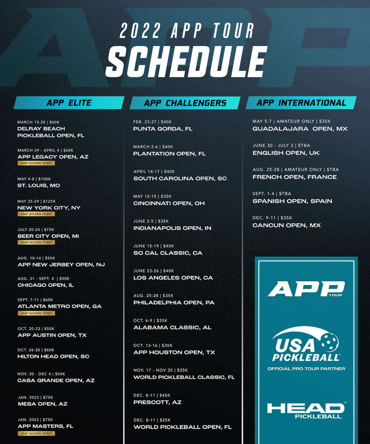 The official 2022 tour schedule for the Association of Pickleball Professionals.