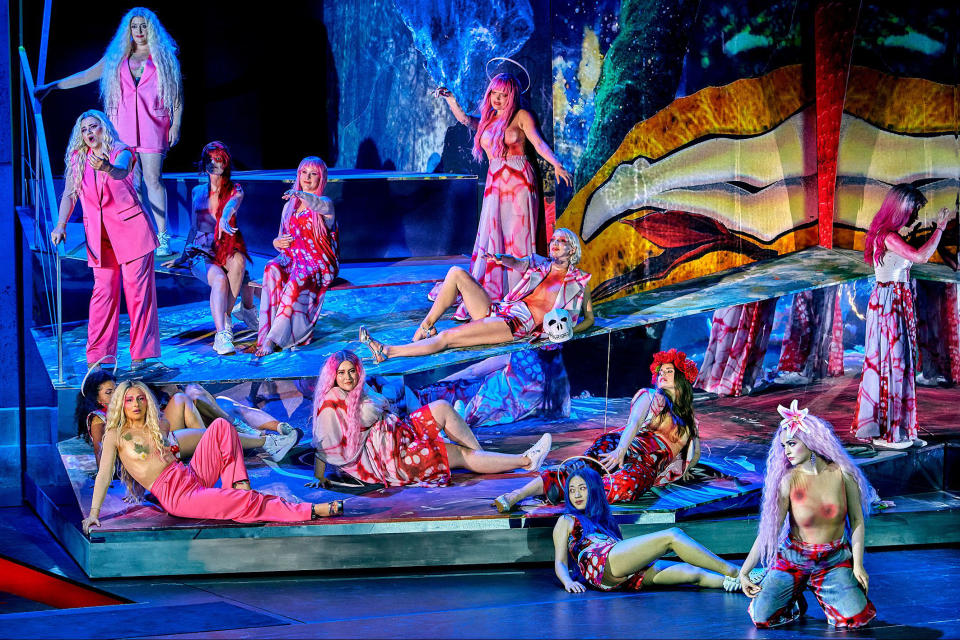 This image released by the Bayreuth Festival shows Klingsor's Flower Maiders during a dress rehearsal of Jay Scheib's production of Wagner's "Parsifal" at the Bayreuth Festival 2023 in Bayreuth, Germany. (Enrico Nawrath/Bayreuth Festival via AP)