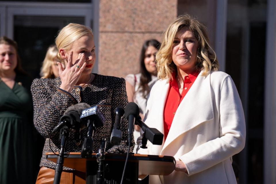 PHOTO: Dr. Austin Dennard gets emotional at a press conference during the Zurowski v. State of Texas, Austin, TX, Nov. 28, 2023.  (Suzanne Cordeiro/AFP via Getty Images)