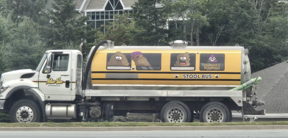 A septic truck labeled "Stool Bus" with humorous cartoon feces characters wearing glasses, a hat, and waving, with the text "Frankie's Pumping."