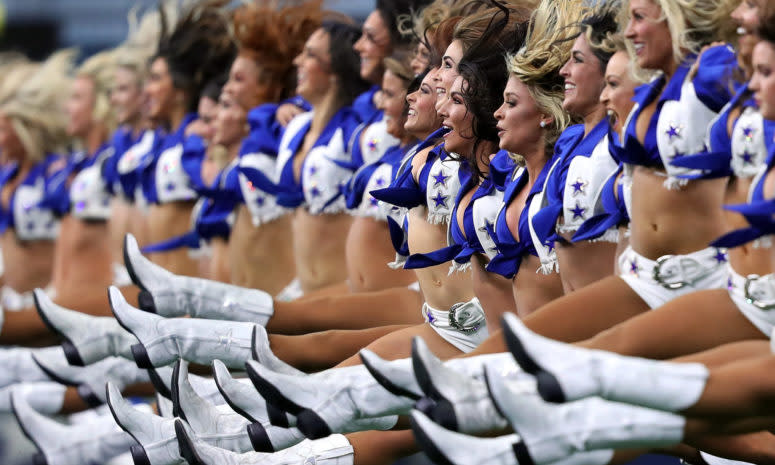 The Dallas Cowboys cheerleaders performing during a game.