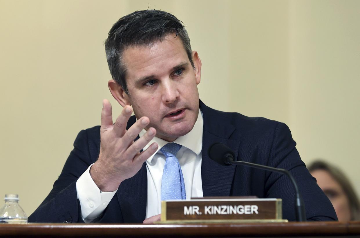 FILE - Rep. Adam Kinzinger, R-Ill., speaks before the House select committee hearing on the Jan. 6 attack on July 27, 2021, on Capitol Hill in Washington. 