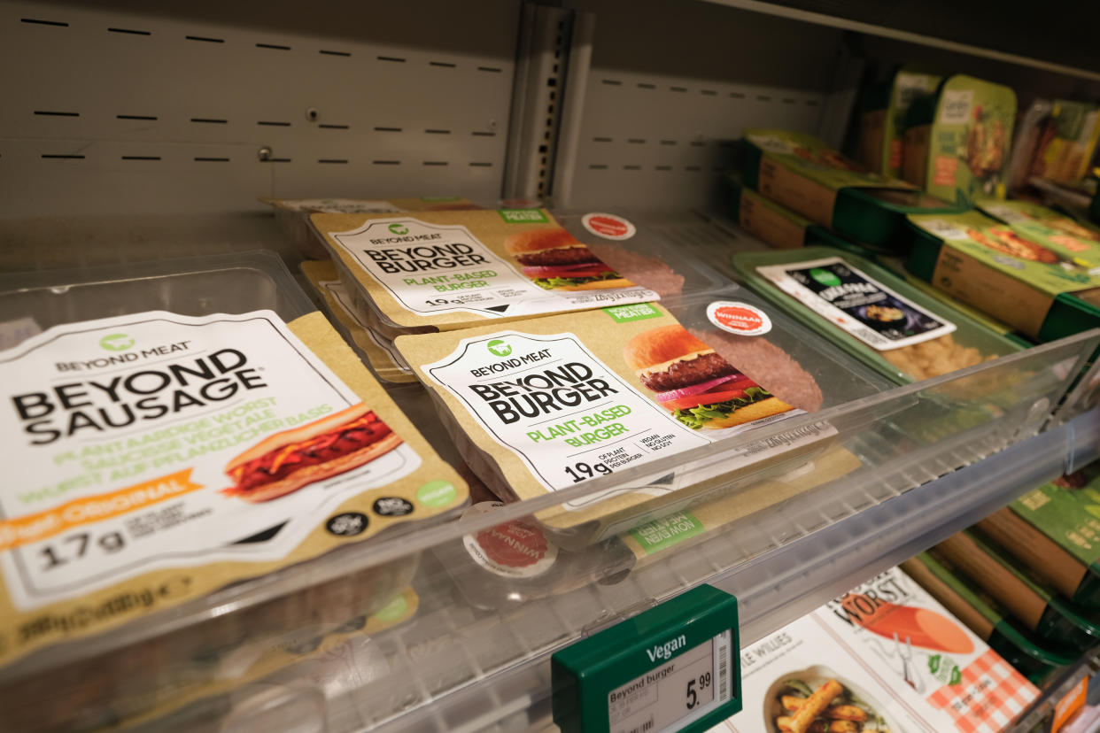 KATWIJK, NETHERLANDS - NOVEMBER 19: Packages of Beyond Meat Inc.'s plant based meat products, Beyond Burger and Beyond Sausage, are displayed at a supermarket on November 19, 2020 in Katwijk, Netherlands (Photo by Yuriko Nakao/Getty Images)