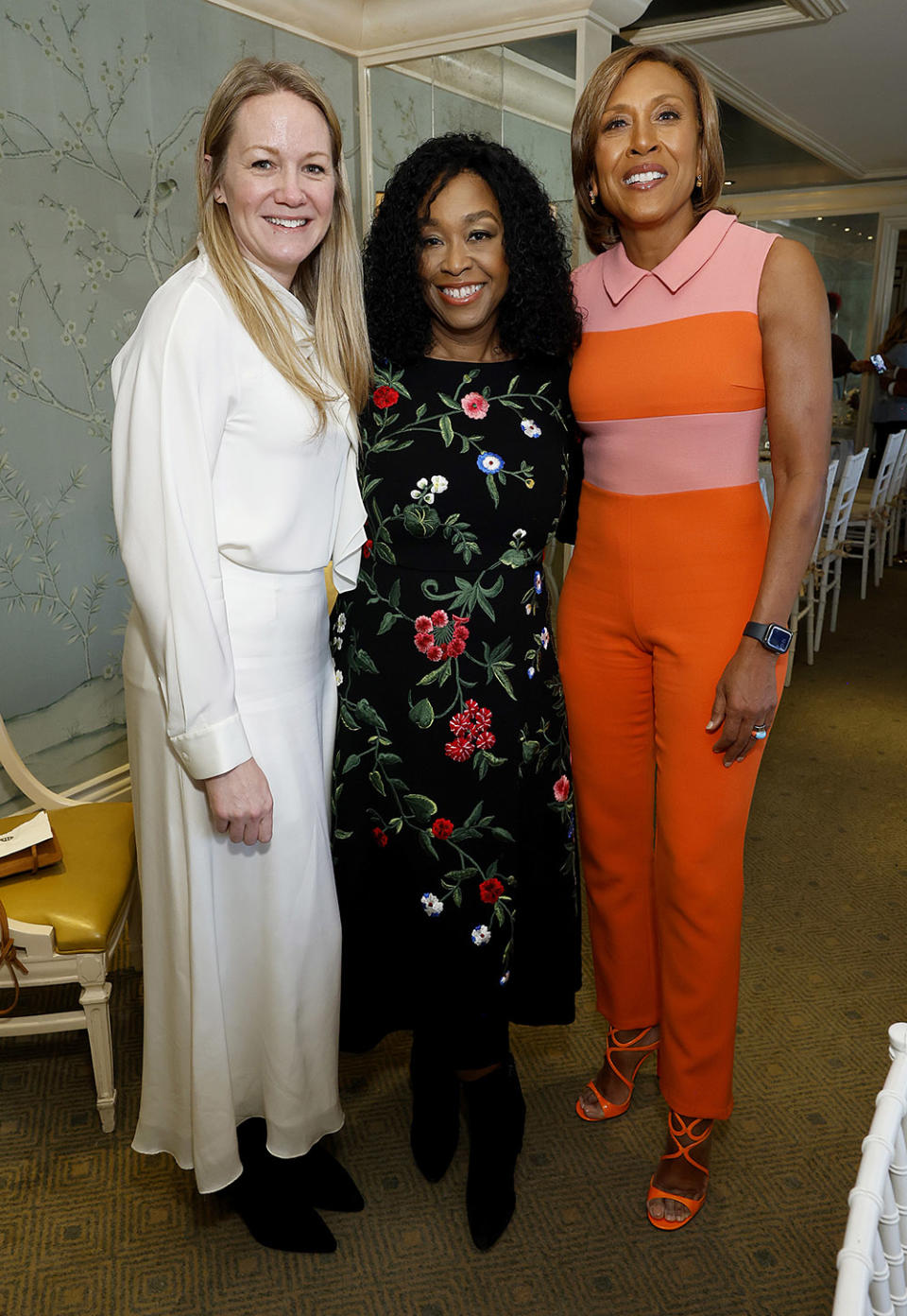 (L-R) Wendy Naugle, Shonda Rhimes, and Robin Roberts attend Queen Charlotte High Tea at BG at Bergdorf Goodman on April 04, 2023 in New York City.
