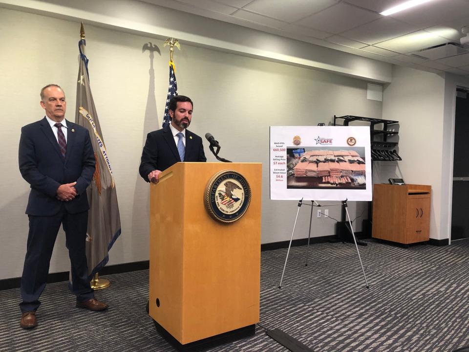 Brian Boyle, left, special agent in charge of the Drug Enforcement Administration's New England field division, and Rhode Island U.S. Attorney Zachary Cunha on Monday announce one of the largest seizures in the nation of counterfeit Adderall pills laced with methamphetamine.