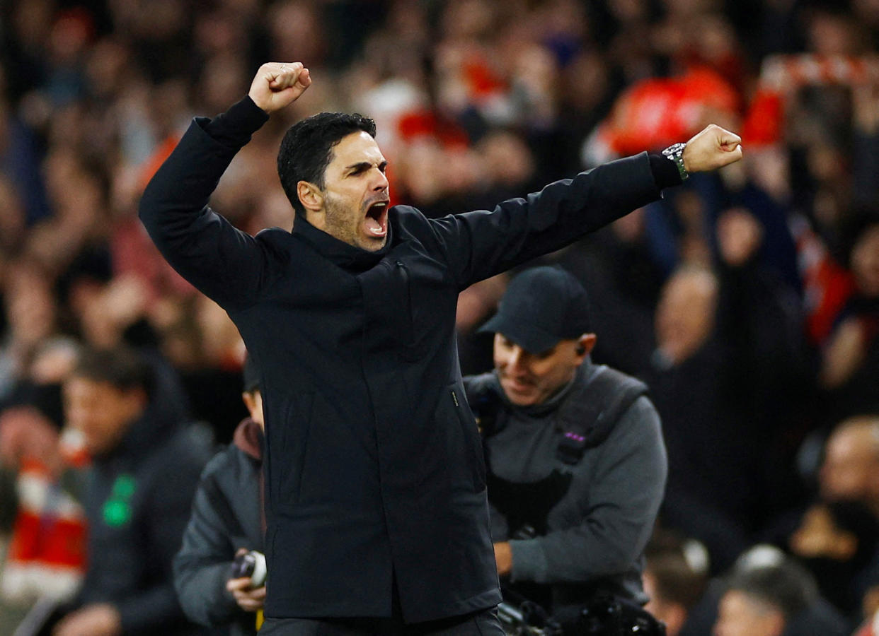 Arsenal manager Mikel Arteta celebrates after defeating Liverpool in their English Premier League match.