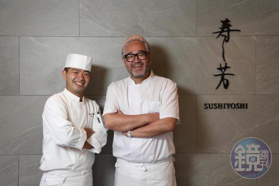 「壽司芳」創始人中之上公起（右）與台北店主廚橋本和弘（左）聯手打造壽司芳台北店的特色。
