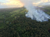 Fissure 8 continues to feed lava into multiple flow lobes advancing to agricultural land toward the northeast, as shown in this aerial view from a helicopter overflight in the vicinity of Kapoho Crater, Hawaii, U.S., June 1, 2018. USGS/Handout via REUTERS