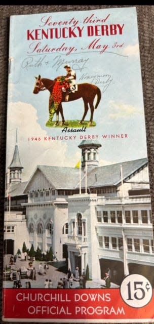 The 1947 Churchill Downs Kentucky Derby race program. Ruth and J. Murray Speelman spent their honeymoon at the races.