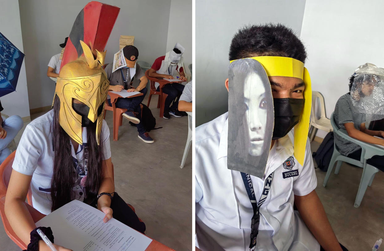 Students at Bicol University College of Engineering in Legazpi City, the Philippines, take an exam on Oct. 17, 2022, while wearing 'anti-cheating hats' they designed as part of an assignment (Mary Joy Mandane-Ortiz)