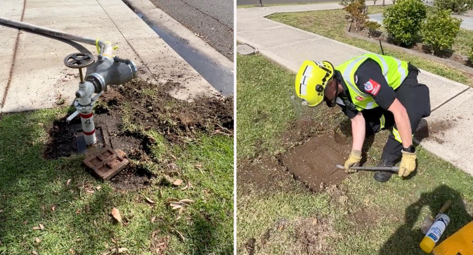 left: Fight hgose attached to hydrant in Auburn, Sydney. Right: Firefighter digging up fire hydrant in Auburn, Sydney. 