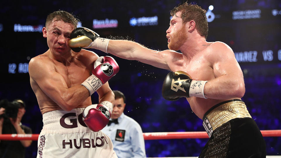 Pictured here, Gennady Golovkin cops a right to the face from Canelo Alvarez.