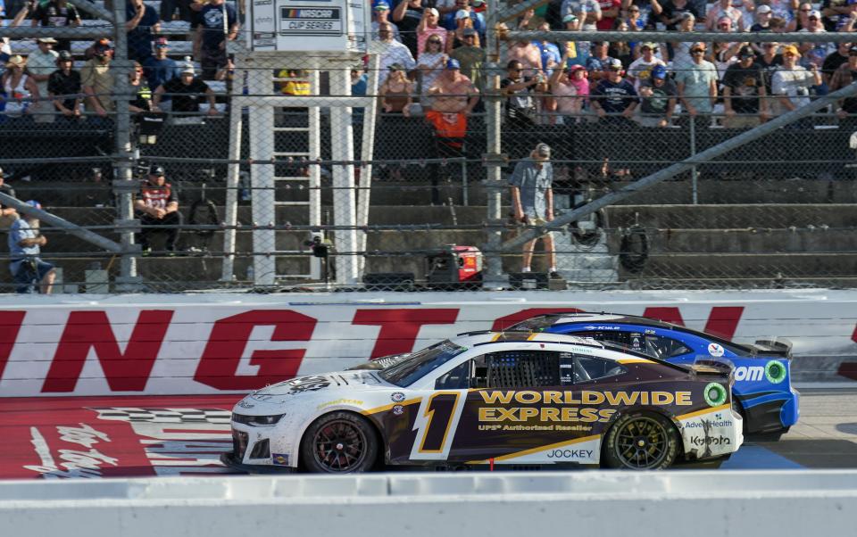 May 14, 2023; Darlington, South Carolina, USA; NASCAR Cup Series driver Ross Chastain (1) leads NASCAR Cup Series driver Kyle Larson (5) on the restart at Darlington Raceway. Mandatory Credit: David Yeazell-USA TODAY Sports