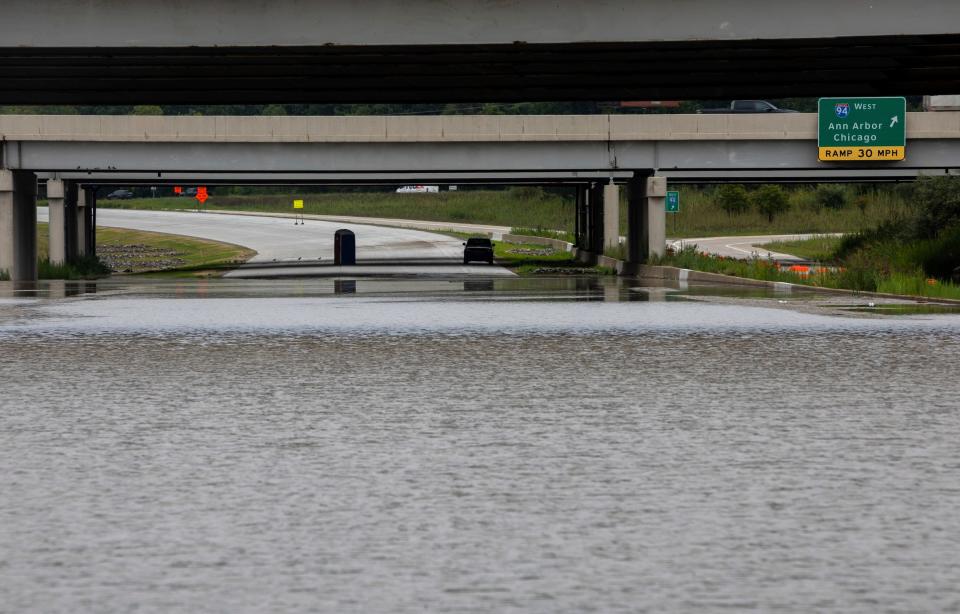 A flooded section of I-275 near the Detroit Metropolitan Wayne County Airport in Romulus on Friday, Aug. 25, 2023.