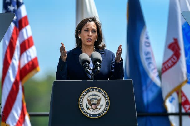 PHOTO: Vice President Kamala Harris delivers the keynote address at the U.S. Coast Guard Academy's 141st Commencement Exercises, May 18, 2022, in New London, Conn. (Stephen Dunn/AP, FILE)