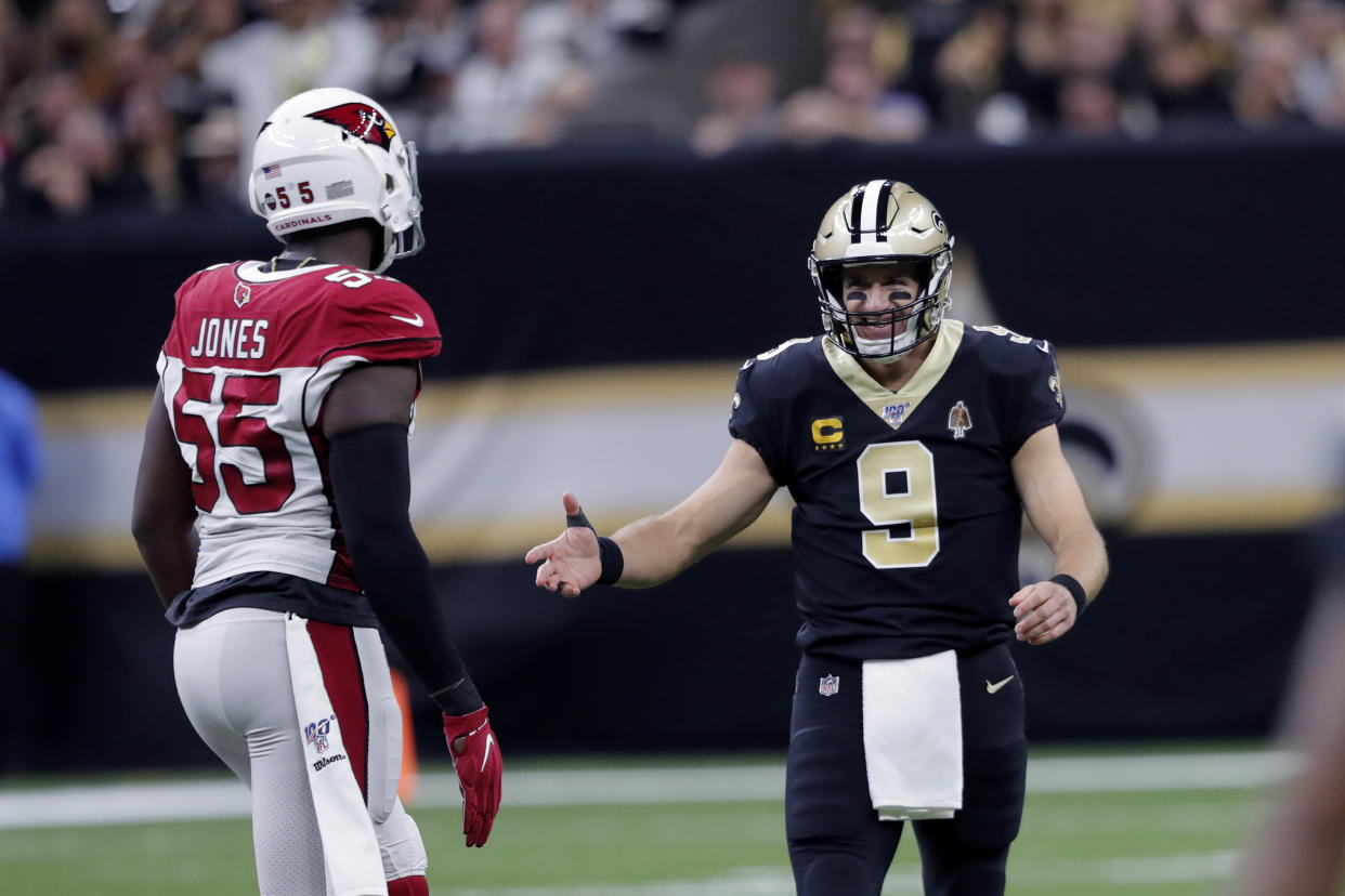 New Orleans Saints quarterback Drew Brees, with a wrap on his surgically-repaired right thumb, returned to the starting lineup on Sunday. (AP/Bill Feig)