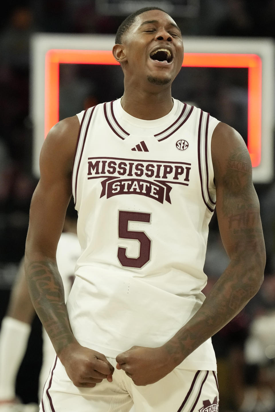 Mississippi State guard Shawn Jones Jr. (5) celebrates the final seconds of the second half of their NCAA college basketball game against Tennessee, Wednesday, Jan. 10, 2024, in Starkville, Miss. Mississippi State won 77-72. (AP Photo/Rogelio V. Solis)