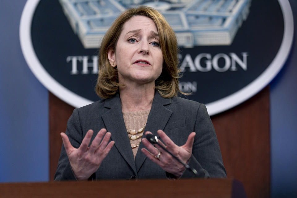 FILE - Deputy Secretary of Defense Kathleen Hicks speaks during a briefing at the Pentagon in Washington, on Sept. 22, 2021. As the war rages on in Ukraine, the United States is doing more than supporting an ally. It's learning lessons — with an eye toward a possible clash with China. Hicks said Ukraine "was more of a cold-start approach than the planned approach we have been working on for Taiwan, and we will apply those lessons." (AP Photo/Andrew Harnik, File)