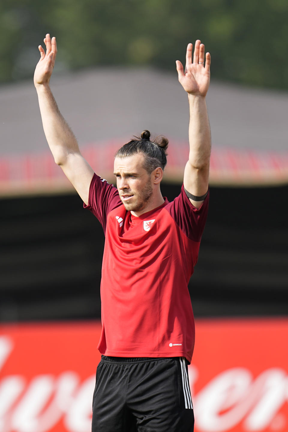 Wales' Gareth Bale gestures during Wales' official training session on the eve of the group B World Cup soccer match between USA and Wales, in Doha, Qatar, Sunday, Nov. 20, 2022. (AP Photo/Aijaz Rahi)