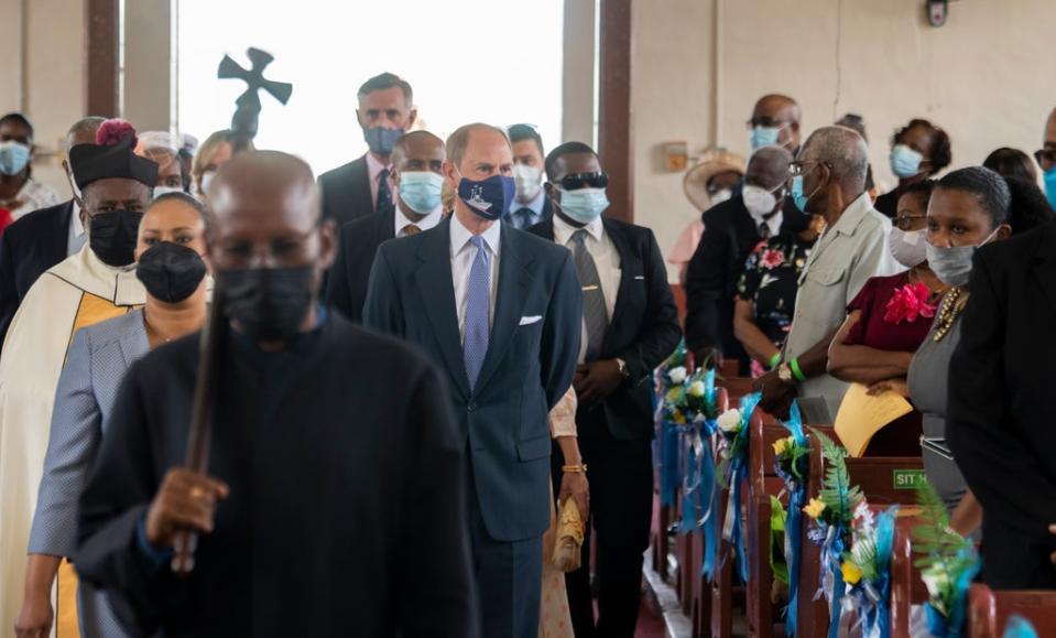 Sophie, Countess of Wessex and Prince Edward, Earl of Wessex attend a Sunday service at the  Holy Trinity Anglican Church on April 24, 2022 in Castries, Saint Lucia. (Getty Images)