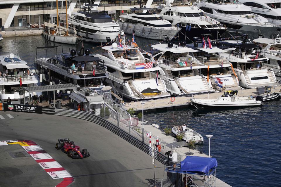 Ferrari driver Charles Leclerc of Monaco steers his car during the second free practice at the Monaco racetrack, in Monaco, Friday, May 27, 2022. The Formula one race will be held on Sunday. (AP Photo/Daniel Cole)