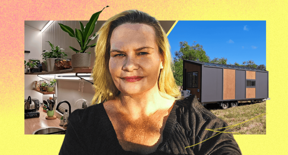  A Queensland mum set in front of two images showing her kitchen and her tiny home.