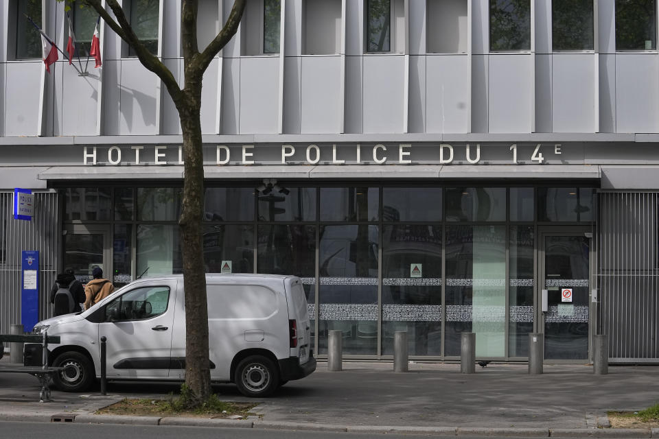 View of the police station where French actor Gerard Depardieu is expected to be questioned, Monday, April 29, 2024 in Paris. French media are reporting that police have summoned actor Gérard Depardieu for questioning about allegations made by two women that he sexually assaulted them on movie sets. (AP Photo/Michel Euler)