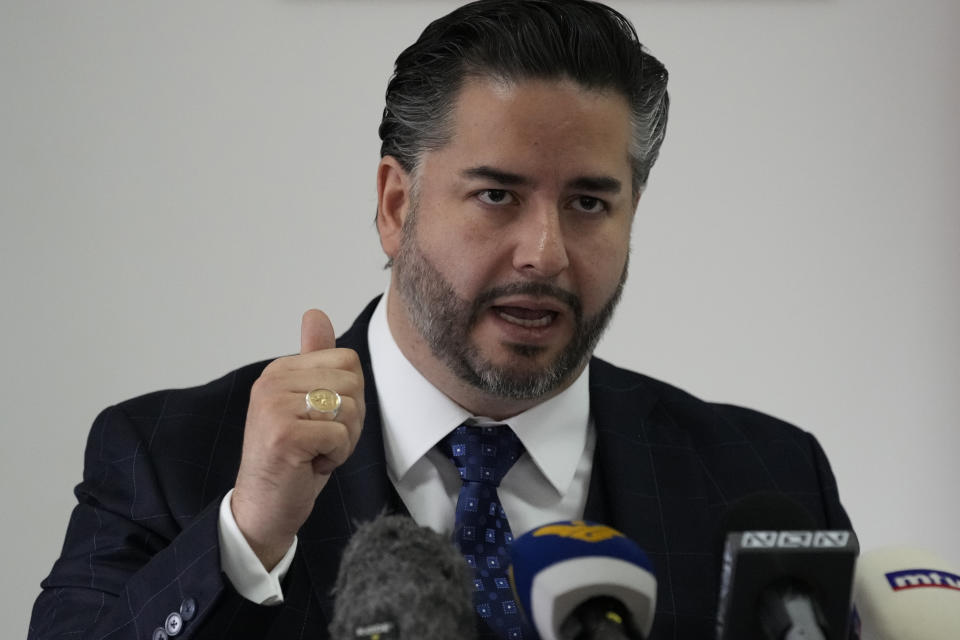 Lebanese Minister of Economy and Trade Amin Salam speaks during a press conference, in Beirut, Lebanon, Monday, May 9, 2022. The World Bank approved a $150 million loan for food security in crisis-hit Lebanon to stabilize bread prices for the next six months, Salam said Monday. (AP Photo/Hussein Malla)