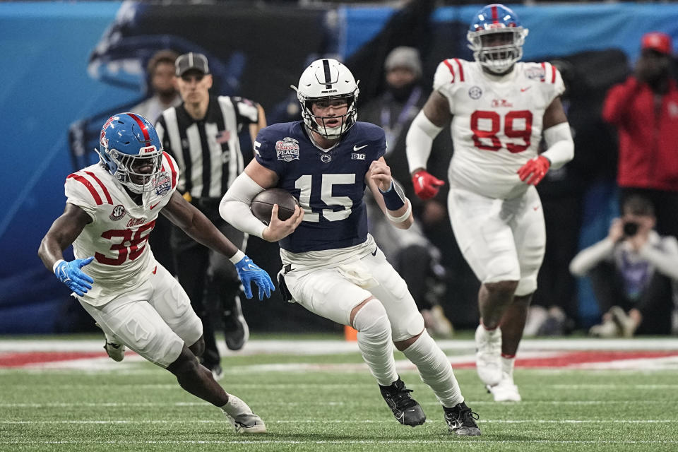 Penn State quarterback Drew Allar (15) runs against Mississippi during the first half of the Peach Bowl NCAA college football game, Saturday, Dec. 30, 2023, in Atlanta. (AP Photo/Brynn Anderson)