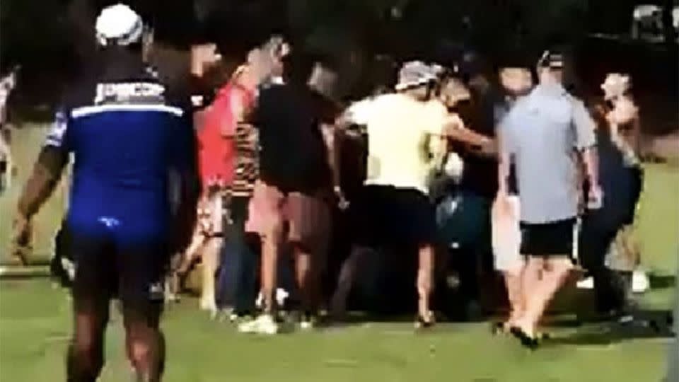 A group of bystanders are captured fighting on the field at Clemton Park, Kingsgrove in front of young children and women. Photo: Daily Telegraph