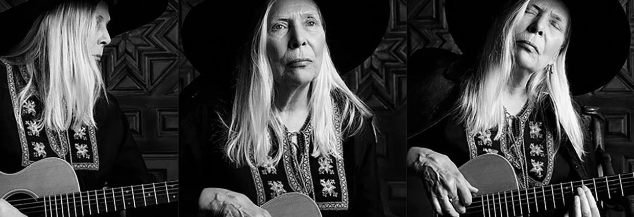 Three photos of Joni Mitchell in black and white