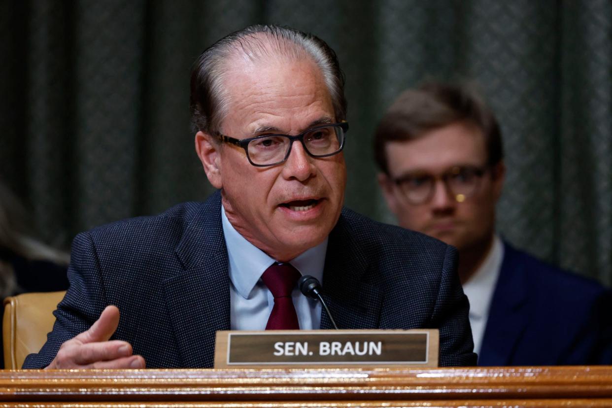 Republican Sen. Mike Braun of Indiana speaks during a Senate Appropriations subcommittee hearing on the fiscal year 2023 budget for the FBI at the US Capitol on May 25, 2022 in Washington, DC.