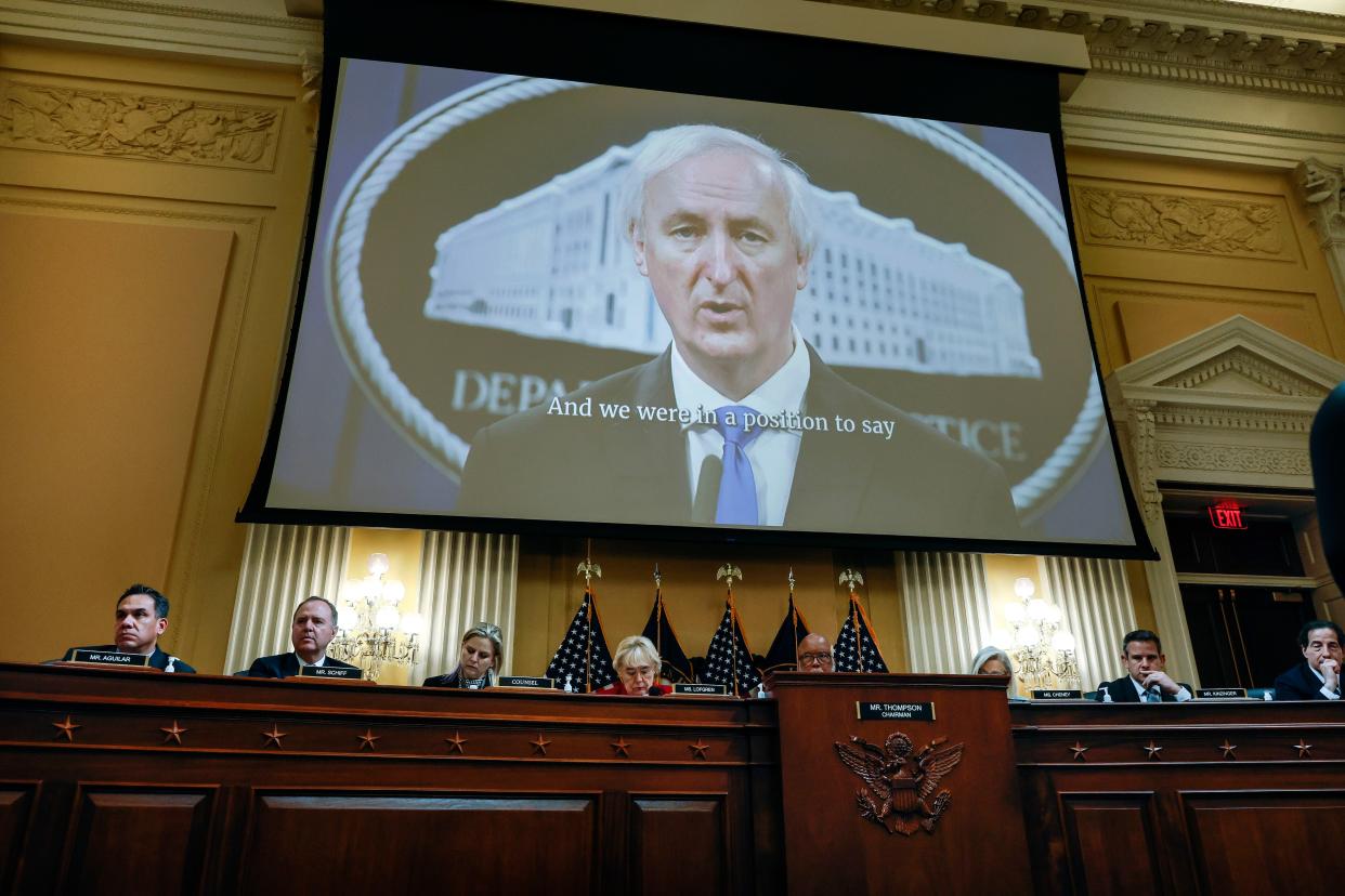 Video featuring former acting Attorney General Jeffrey Rosen is played during a hearing by the Select Committee to Investigate the January 6th Attack on the U.S. Capitol in the Cannon House Office Building on June 13, 2022 in Washington, DC.