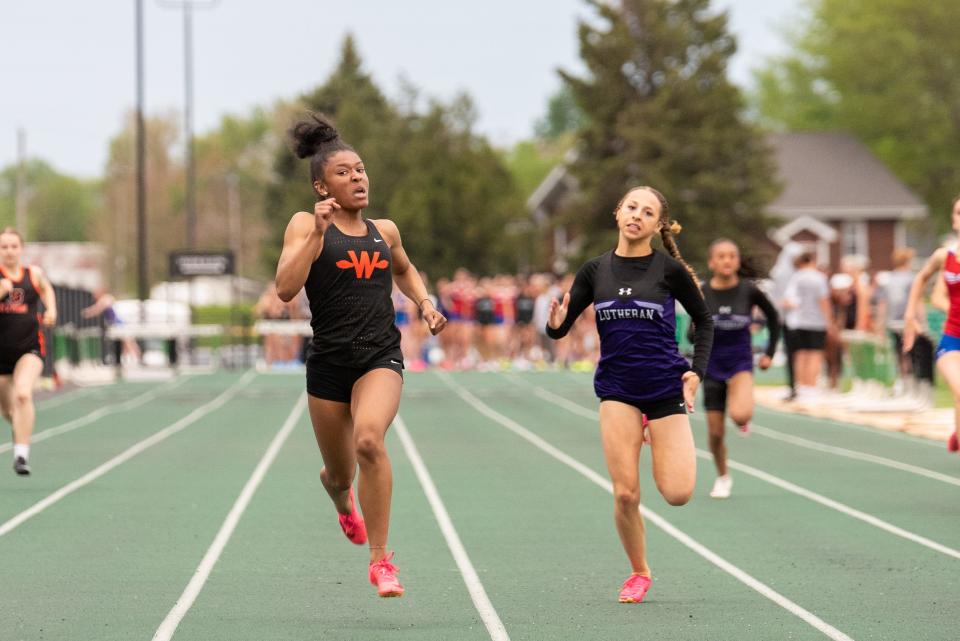 Winnebago's Imani Jones races to the finish line while winning the 200-meter dash in the Big Northern Conference track and field meet in Rock Falls on Thursday, May 2, 2024.