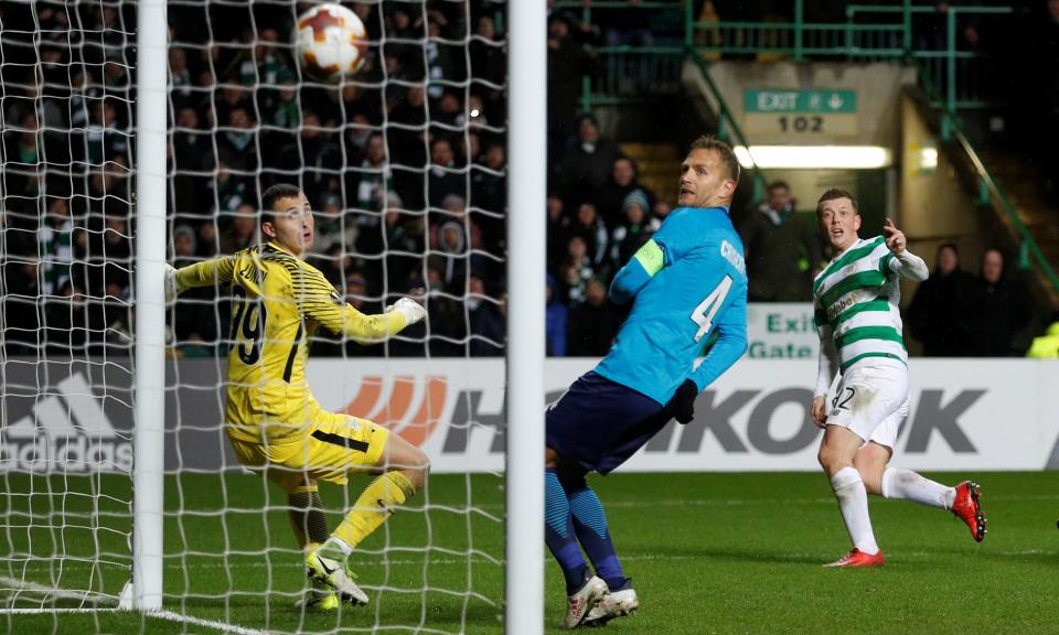 Callum McGregor watches hit shot fly past the Zenit St Petersburg goalkeeper Andrey Lunev to give Celtic a 1-0 home win.