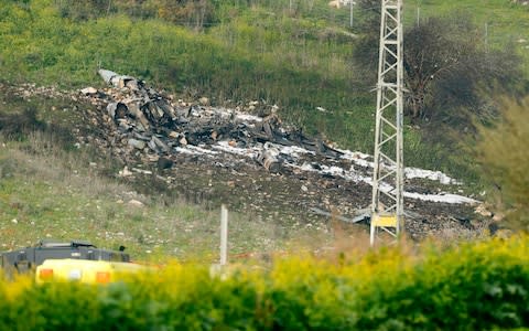 The remains of the Israel F-16 jet in the northern Israeli Kibbutz of Harduf - Credit:  JACK GUEZ