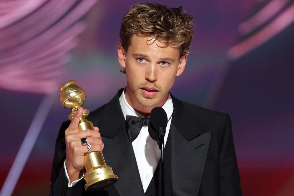 Austin Butler accepts the Best Actor in a Motion Picture – Drama award for "Elvis" onstage at the 80th Annual Golden Globe Awards held at the Beverly Hilton Hotel on January 10, 2023 in Beverly Hills, California.