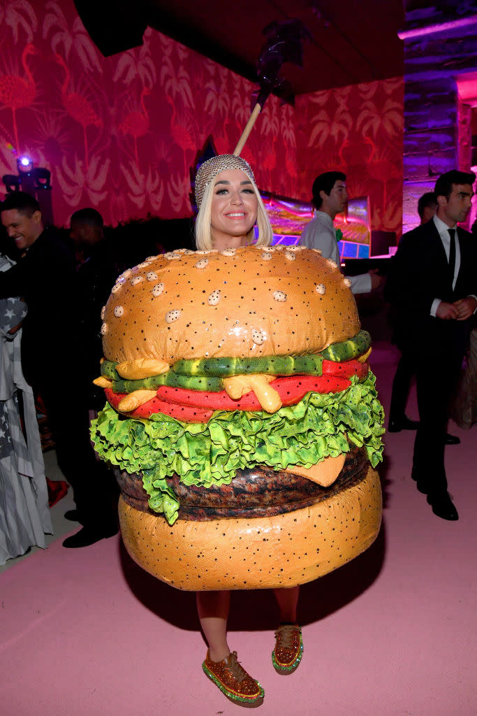 Katy Perry at the 2019 Met Gala, red carpet, Camp: Notes on Fashion, Moschino, Jeremy Scott, Katy Perry Collections, hamburger