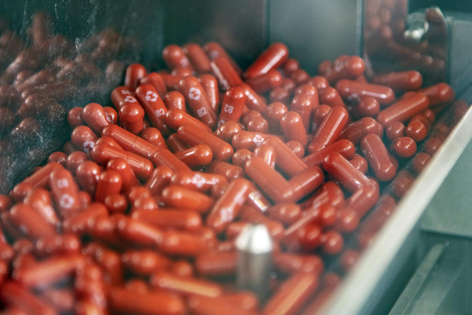 Hundreds of red capsules in a container that appears to be part of a drugmaker's manufacturing process.