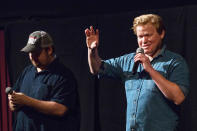 <p>Jesse Plemons (right) and Eric Vespe share a few words at the special screening of <em>Antlers</em> at Alamo Drafthouse on Oct. 11 in Austin, Texas. </p>