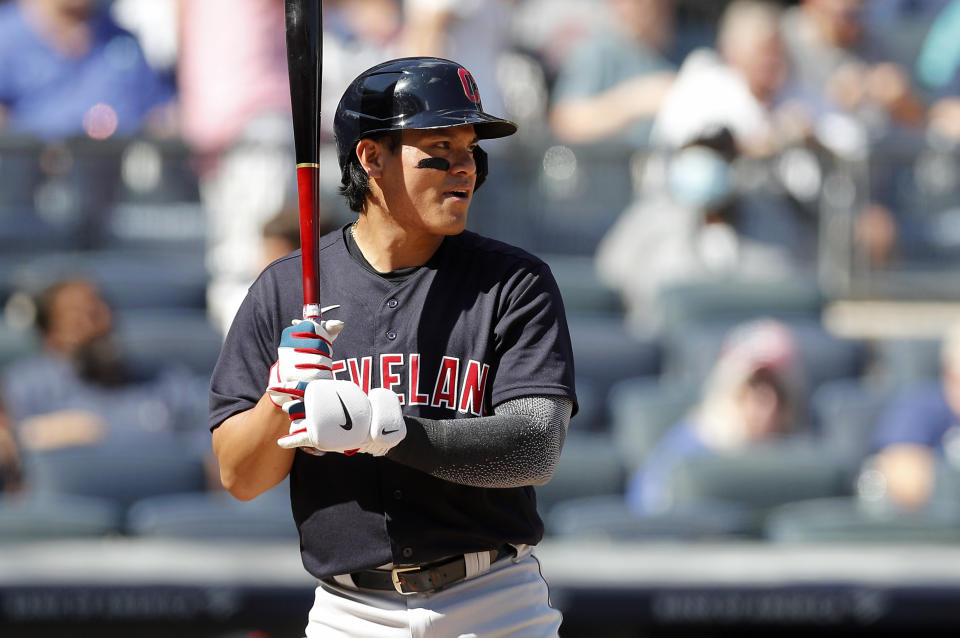 NEW YORK, NEW YORK - SEPTEMBER 18:  Yu Chang #2 of the Cleveland Indians in action against the New York Yankees at Yankee Stadium on September 18, 2021 in New York City. The Indians defeated the Yankees 11-3. (Photo by Jim McIsaac/Getty Images)