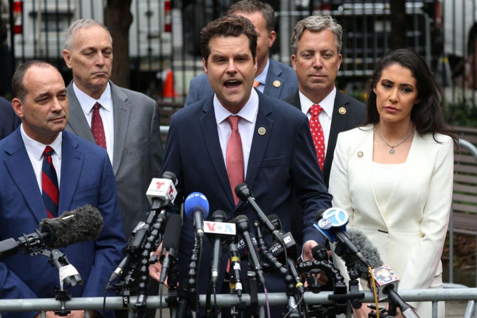 Bob Good, left, listens as his colleague Matt Gaetz speaks at a Republican press conference outside of Donald Trump’s courtroom in Manhattan (Getty Images)