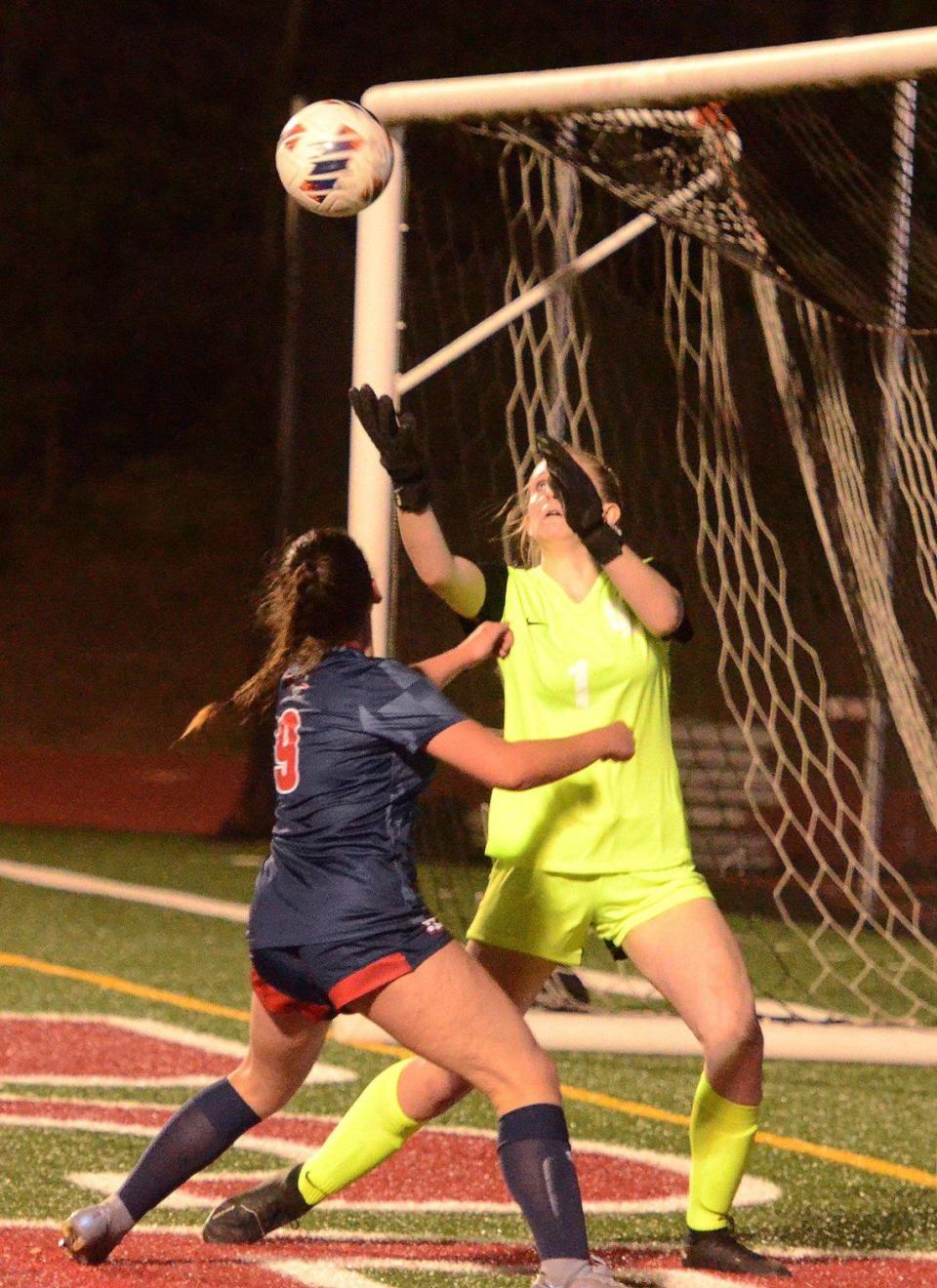 Providence Day’s #9, Zoe Hargreaves battles Cjharlotte Latin goalkeeper Ava Nadeau during the first half. Unbeaten Charlotte Latin visits unbeaten Providence Day for a much anticipated girls soccer match. Both teams are ranked among the nation’s top 10. They faced off on Tuesday, April 2, 2024.