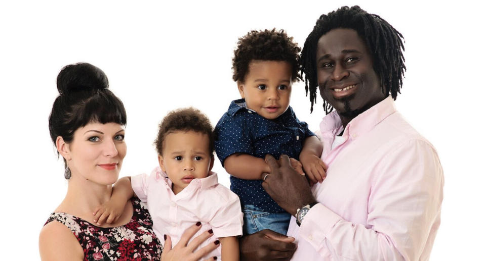 Ivana Poku and husband Yaw, pictured with their twin boys Henry and Mason, now aged eight. (Supplied)