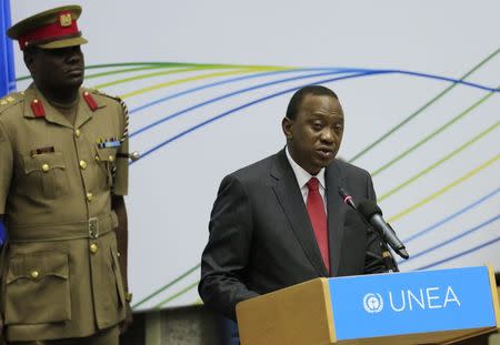 Kenya's President Uhuru Kenyatta delivers his speech at the official launch of first United Nations Environment Assembly (UNEA) in Kenya's capital Nairobi June 26, 2014. REUTERS/Noor Khamis