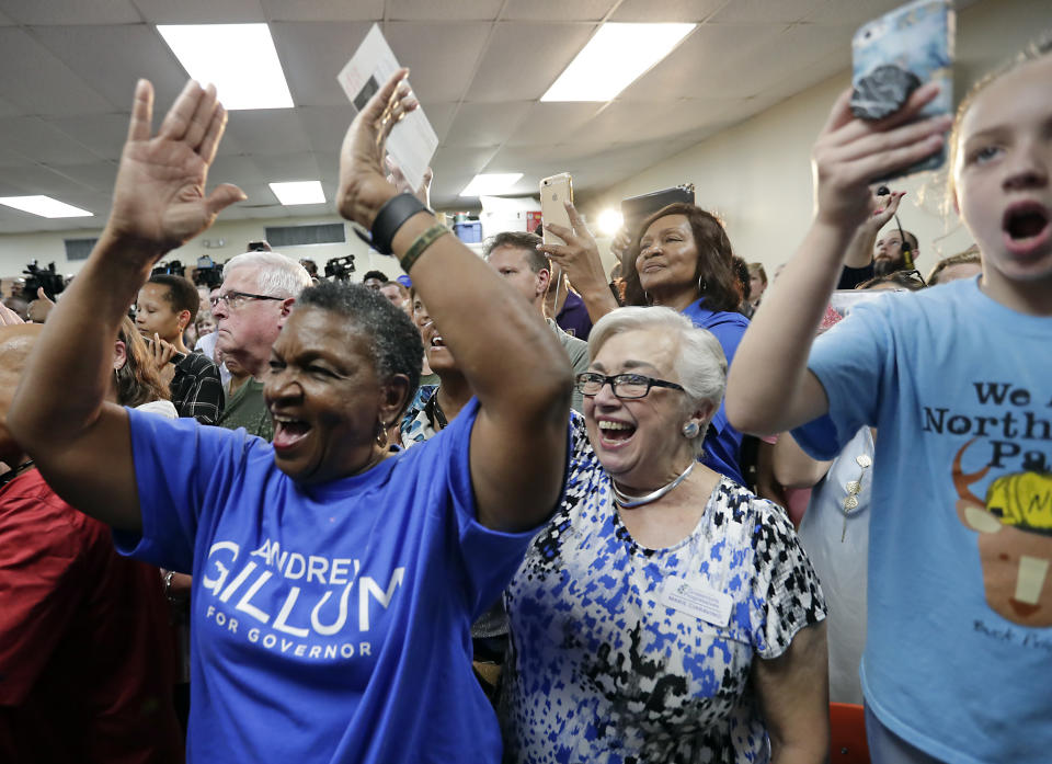 Supporters cheer as Florida Democratic gubernatorial candidate Andrew Gillum speaks at a Democratic Party rally Friday, Aug. 31, 2018, in Orlando, Fla. Gillum's matchup against the Republican nominee, U.S. Rep. Ron DeSantis, and Sen. Bill Nelson's race against Republican Gov. Rick Scott are two of the most-watched races in the midterm elections. (AP Photo/John Raoux)