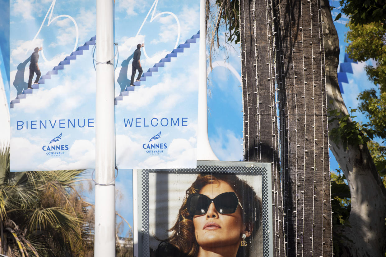 Signage for the 75th Cannes international film festival is seen prior to the start of the festival in Cannes, southern France, Monday, May 16, 2022. The Cannes film festival runs from May 17 until May 28. (Photo by Vianney Le Caer/Invision/AP)