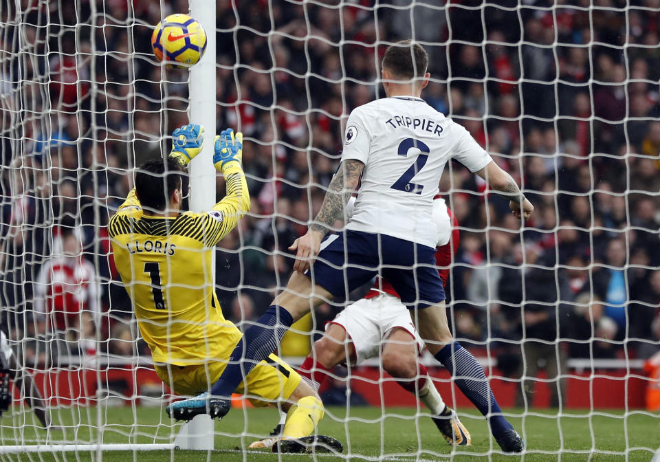 <p>Tottenham’s goalkeeper Hugo Lloris fails to save the shot from Arsenal’s Alexis Sanchez</p>