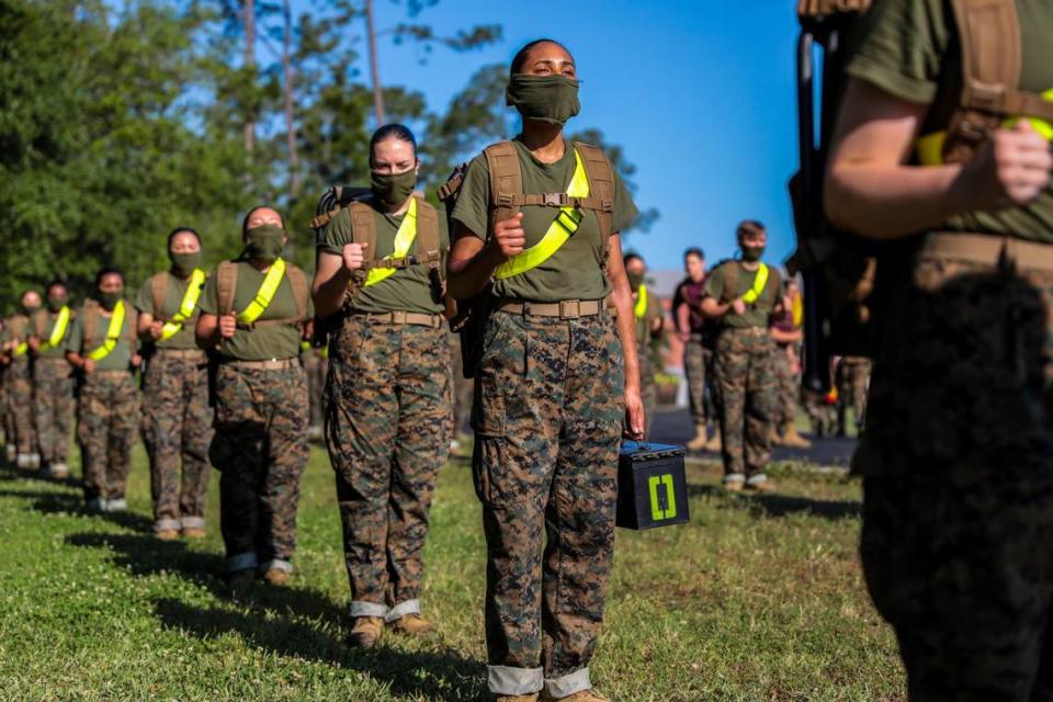 Recruits with November Company, 4th Recruit Training Battalion, participate in daily training aboard Marine Corps Recruit Depot Parris Island April 21, 2020.