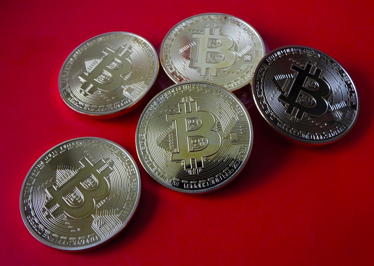 YICHANG, CHINA - APRIL 14, 2021 - A view of commemorative bitcoin coins, Yichang, Hubei Province, China, April 14, 2021. The cryptocurrency exchange Coinbase is about to go public. (Photo credit should read Costfoto/Barcroft Media via Getty Images)